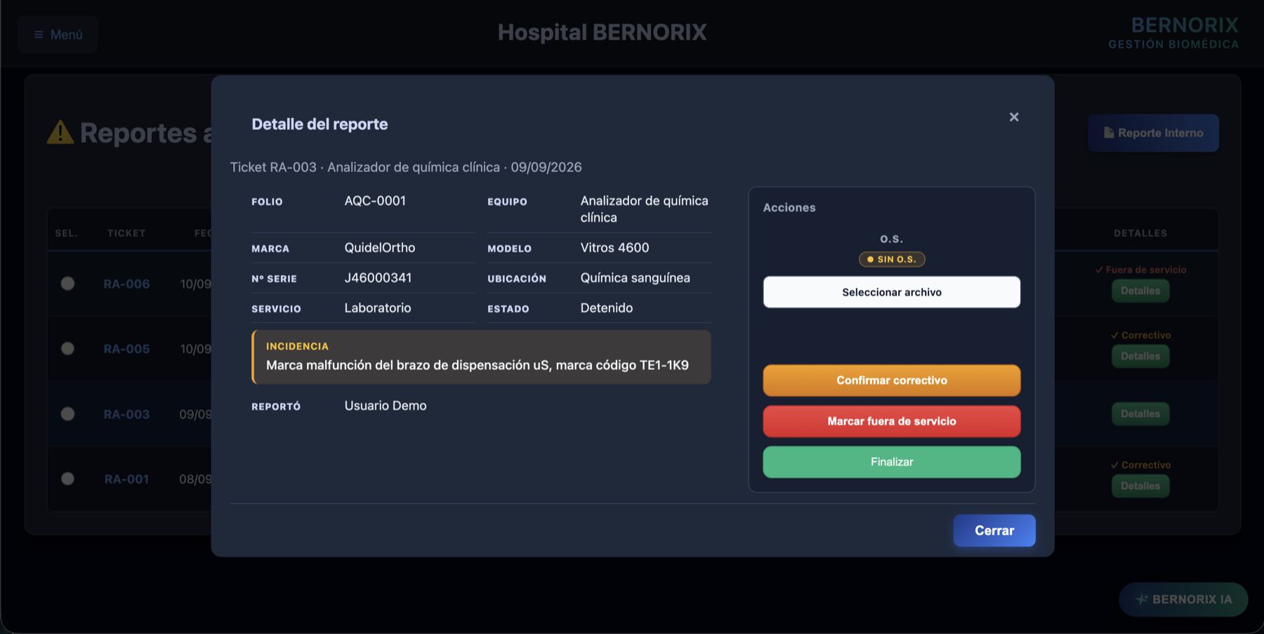 Detalle de reporte en BERNORIX