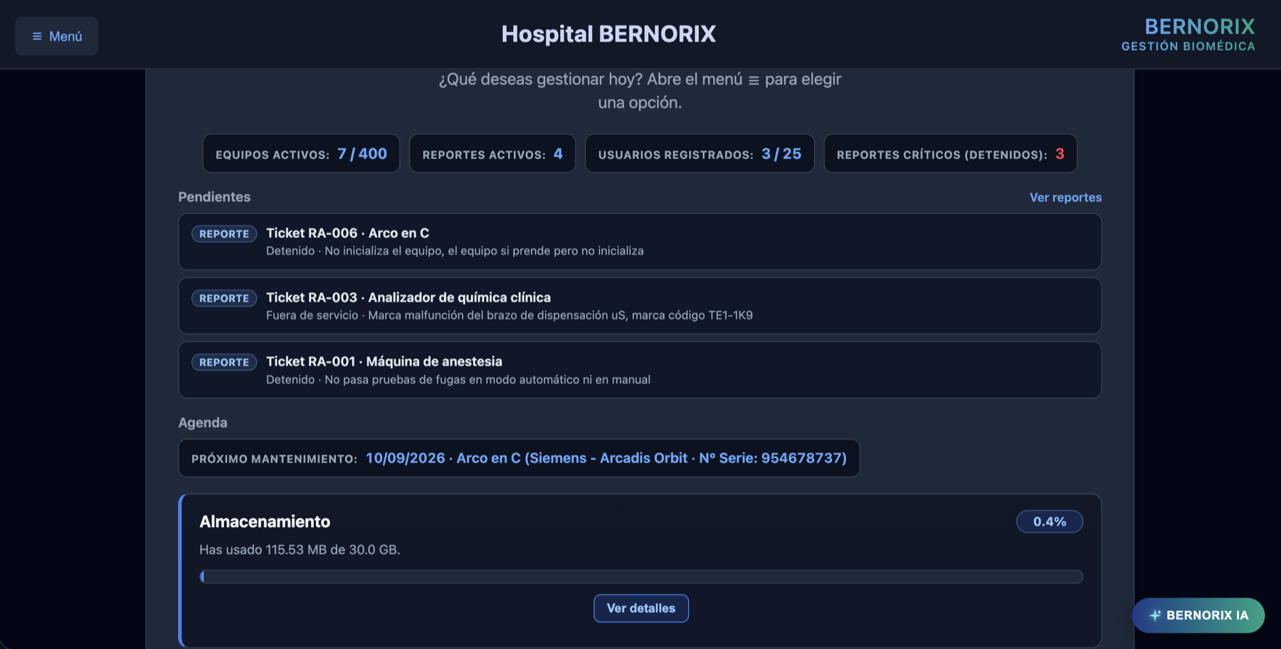 Panel de inicio de BERNORIX