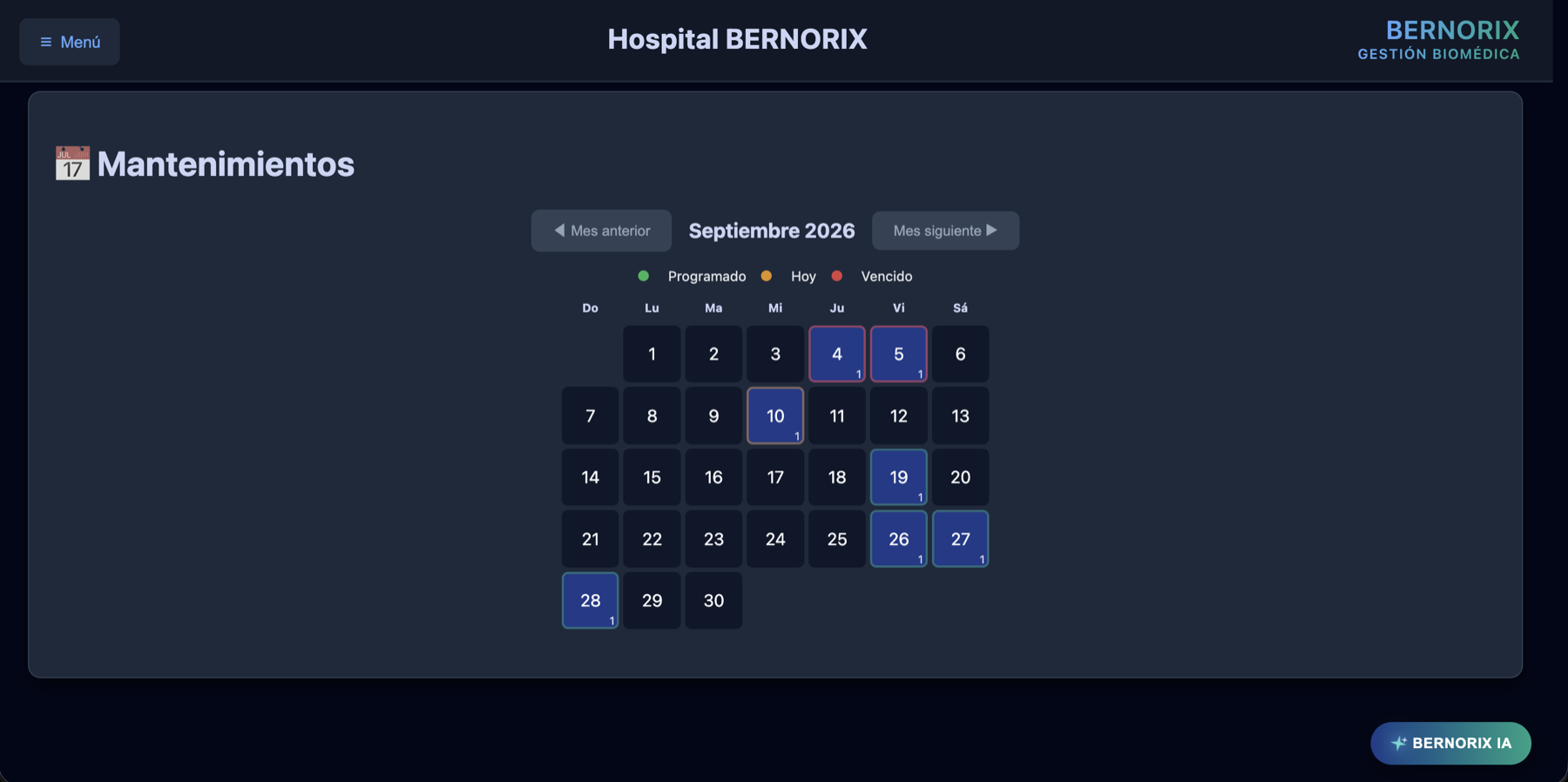 Calendario de mantenimientos en BERNORIX