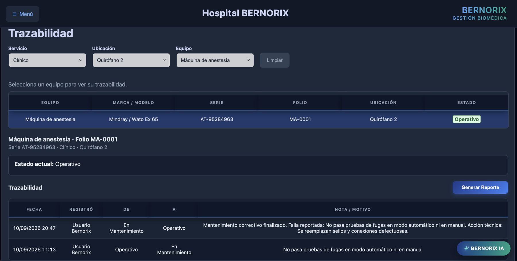 Pantalla de trazabilidad de equipo en BERNORIX